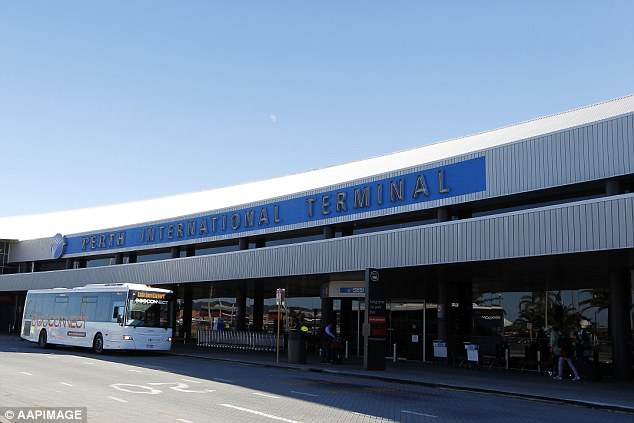 The man had landed at Perth Airport (pictured) on Friday from Singapore when he was stopped by Border Force officers for a bag check, including an examination of his three mobile phones